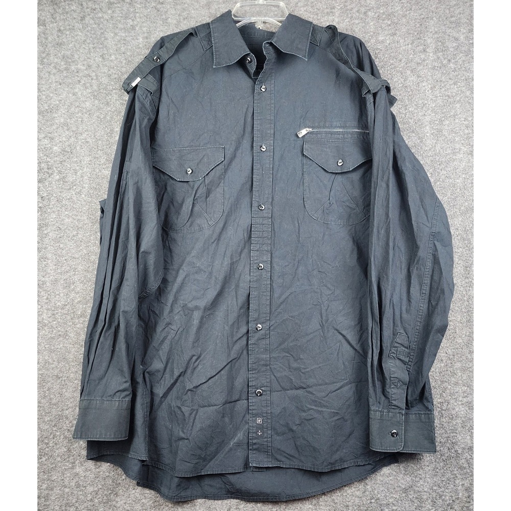 Rocawear Button Down Shirt Mens 4XL‎ Black Military Epaulette Long Sleeve Street
